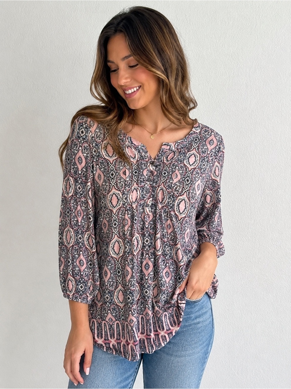 Rose & Olive Boho Medallion Print Tunic Peasant Blouse Pink Gray Small